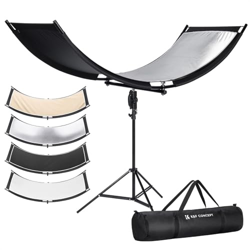 K&F CONCEPT U-Shape Reflector Curved Reflector 180x60cm with 4-in-1 Reflective Fabric, Black/Gold/White/Silver, with 1.9m Stand, with Storage Bag, for Photography Studios