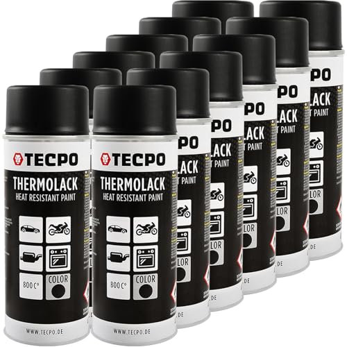 TECPO Thermolack Spray Dose 12x400ml Auspufflack Autolack Ofenlack Bremssattellack hitzebeständig bis 800°C schnell trocknend Auto Lackspray Schwarz Matt schützt Motor und Auspuff vor Rost (12er-Pack)