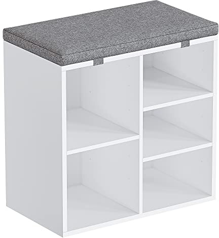 OPULENTHOME Schuhbank mit Sitzfläche, Schuhregal Weiss, Sitzbank mit Kissen und 5 Fächern Schuhschrank mit Verstelbaren Einlegeböden für den Eingangsbereich, Flur, Schlafzimmer