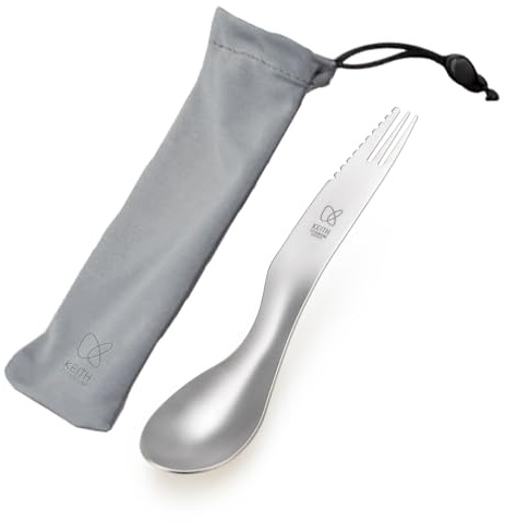 KEITH Titanium Spork, Camping Cutlery 3-in-1 Spoon Knife Fork for Noodle, Rice&Steak, with Carry Pouch for Outdoor, Camping&Travel, Compact Utensil, Survival Tool, Lightweight Eating Gear(Ti5231)