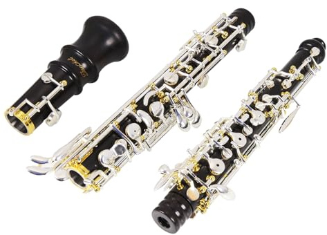 Oboe Professional Level Ebenholzkorpus versilbert halbautomatisch C-Ton mit Rohrblatt,Reinigungstuch,Oboentupfer,Puderpapier,Absorberpapier,Daumenauflage,Schraubendreher,Handschuhe,Koffer