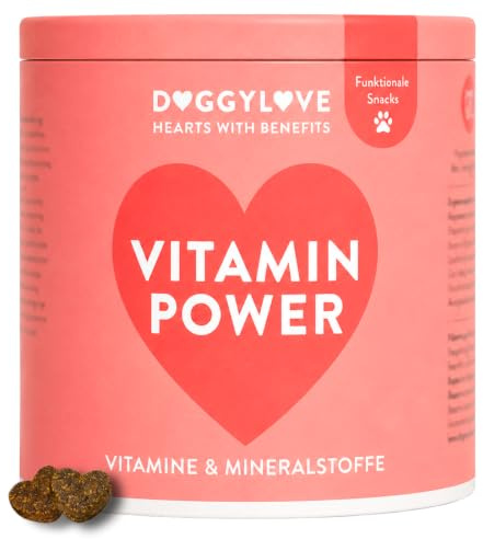 DoggyLove Vitamin Power Multivitamin für Hunde, 140 Hundeleckerli | Vegane Hundesnacks Leckerli mit Vitamin A, E & B-Komplex, Biotin, Zink, Hunde Vitamine und Mineralstoffe, Rundumversorgung