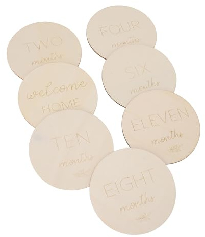 7st Baby Monthly Milestone Cards, Syntetiskt trä Dubbelsidig Baby Månads Milstolpe Markörskivor för Att Dokumentera Barnets Första, Tillväxt och Babybump