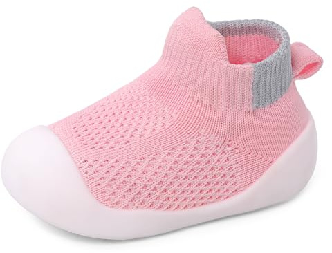 LACOFIA Scarpe Primi Passi Bambina Scarpe Calzino Traspiranti Neonata con Antiscivolo Suola in Gomma Rosa 9-12 Mesi