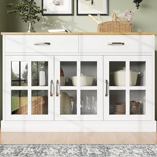 A ALFRESCOOL Küchenschrank (120×40×84cm), Vorratsschrank, Esszimmerschrank für Küche, Esszimmer und Wohnzimmer, Beistellschrank mit Stauraum, Vintage Glasschrank-Design, Kippschutz,Weiß