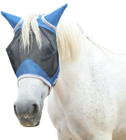 Leberna Masque anti-mouches pour cheval avec oreilles, protège en douceur le visage et les oreilles des UV et des insectes (bleu roi, cob)