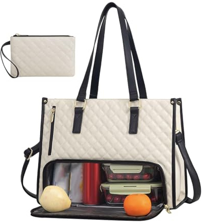 Sac pour ordinateur portable pour femme avec compartiment à déjeuner isotherme, sac à main pour ordinateur portable 15,6, grand sac de travail, sac de travail, sac à bandoulière en cuir, sac à