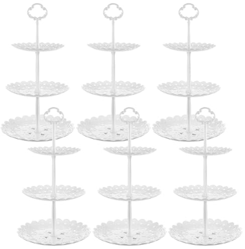 LOLYSIC 6 Pack 3 Tier Cake Stand, Plastic Afternoon Tea Stands, Reusable Cupcake Dessert Fruits Display Stand, Round Food Serving Stands for Parties, Wedding, Birthday, Christmas (White)