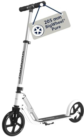 HUDORA BigWheel Pure Scooter I Stabiler Aluminium-Roller mit Ständer I Höhenverstellbarer & zusammenklappbarer Cityroller für bis zu 100kg I Tretroller für Jugendliche und Erwachsene weiß