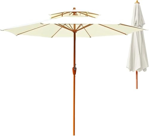 Ombrellone da Giardino Rotondo A Doppia Ventilazione da 9 Piedi, Ombrellone da Tavolo da Esterno con Asta di Ferro Color Legno, Apertura E Chiusura A Manovella con 8 Robuste Nervature, White, 270cm