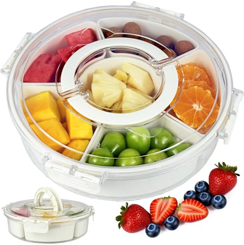 Runder Snackbox mit Fächern Tragbar Snack Aufbewahrungsbox mit Deckel und Griff, Auslaufsicherer Snackdose Organizer für Snacks Süßigkeiten Dessert GemüseNüsse Obst Gewürze, für Party Picknick Trip