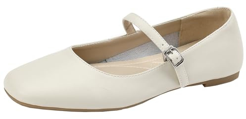 XIEPP läderpumps för kvinnor med platt klack kvadratiskt tåparti Mary Jane flatats med spänne, Beige, 40 EU