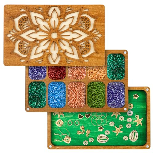VAVPUP Perlensortierschale Holz mit Magnetischem Deckel und Gummiband, 20 * 12 * 2.5cm,Vielseitig Perlenplatte Holz für die Herstellung von Halsketten und Armbändern,Geschenke für Perlenliebhaber(A)