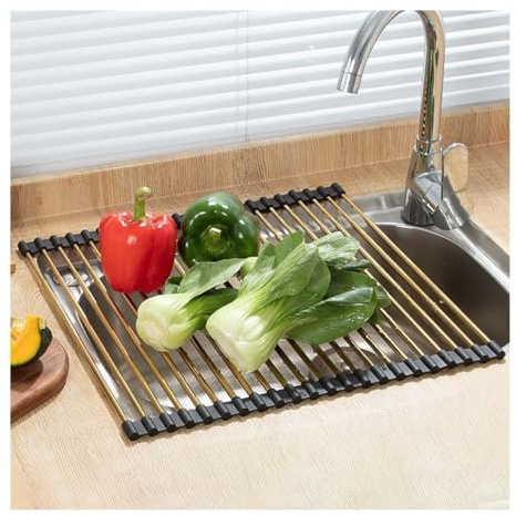 Escurridor de Cocina Plegable telescópico de Acero Inoxidable de 38-60 cm de Largo, escurridor de Platos Enrollable y Extensible.(Gold,W 38cm/15.0in)