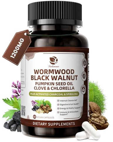 Lukaree Wormwood Black Walnut Cleanse for Human 1200mg – Ultra Gut Cleanse & Digestive Health w/Pumpkin Seed Oil,Clove,Activated Charcoal - for Men & Women Probiotic Capsules -Vegan,60 Count