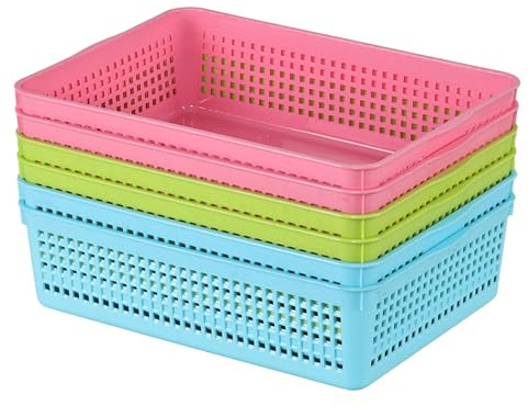 Leendines 6 Packs Colored Storage Basket Trays, Plastic A4 Size Shallow Tray