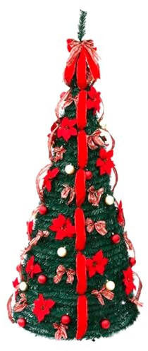 Tradineur - Árbol Artificial Plegable de Navidad con Cintas, plástico, Forma cónica, Fácil Montaje, decoración Festiva - 180 x 75 cm