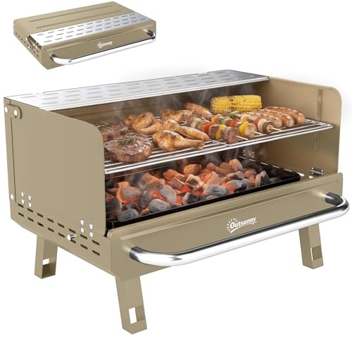 Outsunny Portable BBQ Grill, Charcoal Barbecue Grill with Adjustable Grates, Foldable Legs and Side Shelf for Camping Hiking Picnic Travel Garden Outdoor Cooking, Khaki