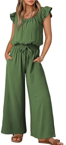 QUNERY Jumpsuit Donna Estiva Elegante Tuta con Scollo Quadrato Salopette Comoda Outfit Casual con Coulisse e Tasche