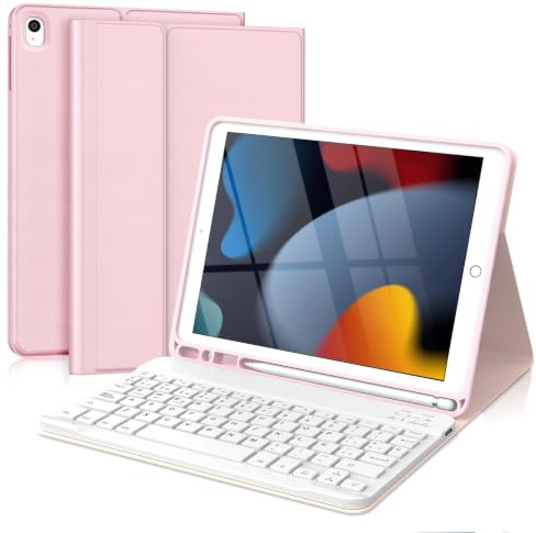 Funda Teclado para iPad 9/8/7 Generación 10,2/Air 3 10,5/Pro 10,5” | QWERTY Español Ñ, Magnético Desmontable Bluetooth Teclado, Funda con Portalápices, para iPad 10,2 2021/2020/2019(Rosa)