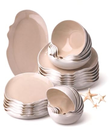 BRICARD Miramas Servizio Piatti 25 Pezzi – Set Piatti 6 Persone Bianco e Tortora Elegante. Piatti Porcellana con Ciotole, Piatto Ovale, Piatti Moderni e Piatti Colorati, per Lavastoviglie, Microonde