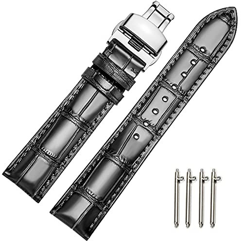 MUENShop Uhrenarmband mit faltschließe Leder Schnellverschluss Echtleder Armband für 18mm-24mm Schwarz Braun Blau Grün Kalbsleder Ersatz für Herren/Damen (20mm, Schwarz)