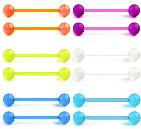 Funseedrr 6 Pares Barbell de Lengua de Piercing Pezón UV 14G Brillan en la Oscuridad Barra Biofelx Flexible 12/14/16/18mm