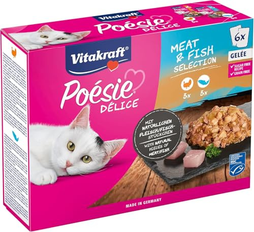 Vitakraft Poésie Délice, Meat and Fish Selection, Nassfutter Katze, Katzennassfutter Gelee, mit Putenbrust, mit Lachs, ohne Zusatz von Zucker und Getreide (1 Paket mit 6X 85g)