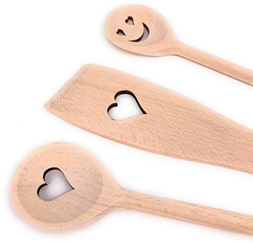 Balna Kochlöffel Set Holzkochlöffel Kochlöffel Holz Herz, Geschenk ideal für Hochzeit Valentinstag Geburtstag Verliebte Küchenset: 2 Holzlöffel + 1 Pfannenwender Buchenholz 30 cm