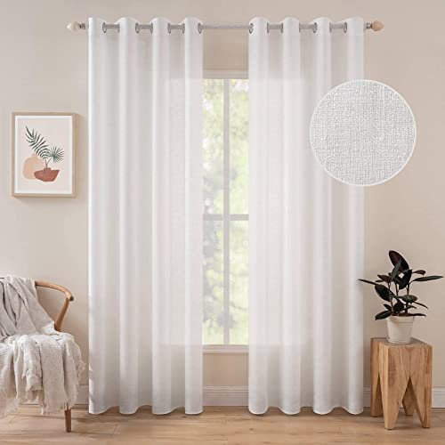 MIULEE 2er Set Voile Vorhang Sheer Leinenvorhang mit Ösen Transparente Unregelmäßige Textur Gardine Ösenschal Fensterschal 245 x 140cm (H x B) Reines Weiß