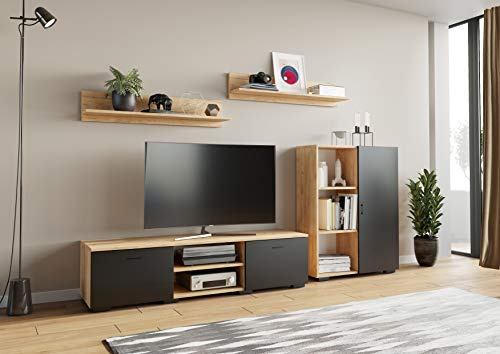 MATKAM Wohnwand Chopin 4-teilig aus HDF-Platte 18 mm, TV-Kommode H 35 x B 150 x T 40 cm, Kommode mit Tür H 100 x B 80 x T 30 cm, 2 x Hängeregal H 20 x B 100 x T 20 cm (Artisan Eiche-Schwarz)