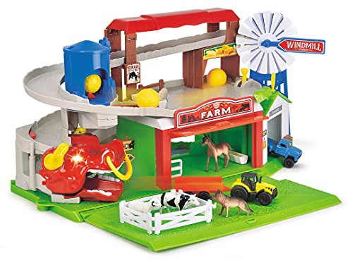 Dickie Toys – Bauernhof Spielset und Parkhaus – mit Licht & Sound, inkl. Fahrzeugen, Aufzug, Bauernhof-Tieren und Heuballen, für Kinder ab 3 Jahren, 203739003, Mehrfarbig