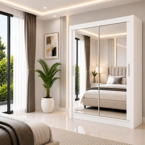 IE INTERIOR EMPORIUM Milan Full Mirror Double Sliding Door Wardrobe (or three in the 250cm size) With Shelves, Hanging Rails and LED Light in 6 Sizes & 4 Colors (180cm, White)