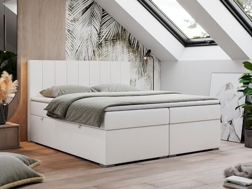 MKS MEBLE Boxspringbett 120x200 cm, Bett mit Multipocket Matratze H4 und Topper T25, Boxspringbett mit Bettkästen, Polsterbett mit Kopfteil - Lope - Weiß Kunstleder