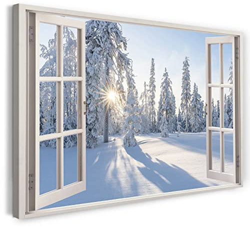 Printistico Bilder Fensterblick 100x70cm Baumwoll-Leinwand auf Keilrahmen mit Aufhänger moderner Kunstdruck XXL Wandbilder Wand-Dekoration Winter Landschaft Bäume Wald Sonne Natur - Natur-Fotografie