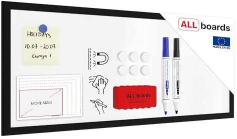 ALLboards Whiteboardmit schwarzem Rahmen 30x70cm Magnettafel Weiß Magnetisch, Trocken Abwischbar