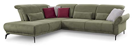 CAVADORE Ecksofa Cooper / Luftige Eckcouch mit Ottomane links, schwarzen Metallfüßen und feinem Cord-Bezug / 294 x 88 x 242 / Cord, Grün