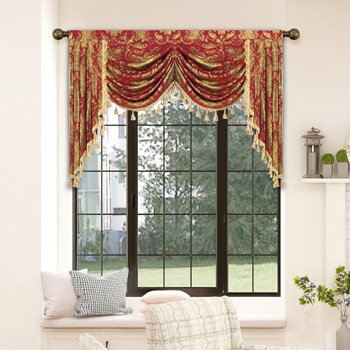 TOPLUXE Swag Volant Vorhang für Schlafzimmer Esszimmer Wohnzimmer Küche, Damast Kurzstore Waterfall Volant-Vorhang für Fenster 1 Stück (Breite 150cm, Burgund)