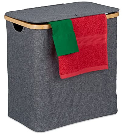 Relaxdays Cesto Portabiancheria da 60 L con Coperchio, Bagno e Camera, in bambù e Tessuto, Sacco a Rete, Grigio Naturale