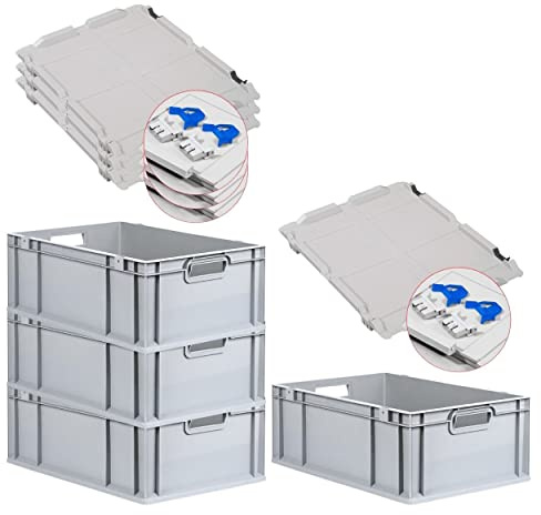 PROREGAL SuperSparSet 4x Eurobox NextGen Grip mit Scharnierdeckel und blauen Schiebeschnappverschlüssen, HxBxT 22x40x60cm, 44 L, Grau, Griffe offen, Eurobehälter, Transportbox
