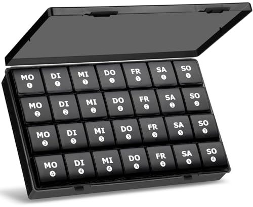 Tablettenbox Monat 28 Tage Pillendose, Medikamentenbox mit 7 Fächer für 4 Wochen für Wöchentlicher Vitamin-Organizer, Nahrungsergänzungsmittel, Fischöl (Schwarz)