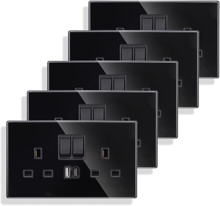 JIMEIDA 5 Pack Double Switched Socket 13 Amp with USB A and Type C 3.1A Charging Ports Crystal Black Glass Panel Wall Outlet Electric Power Socket