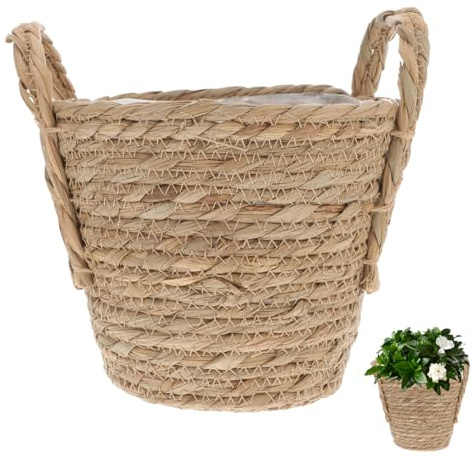 FUNOMOCYA 1 Pot de Fleurs en Paille tissé à la Main - Panier de Rangement pour Plantes - Panier de Fleurs en rotin - Panier de Pique- - Panier à ordures Fait à la Main - Corbeille de Bureau -