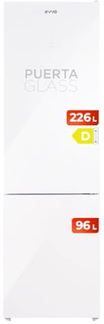 EVVO Frigorífico Combi No Frost, Capacidad Frigorífico 226 L Congelador 96 L, Motor Inverter, 60cm de Ancho, Clase energética D, Multi Air Flow, Luz Interior LED, Panel LED táctil, F55W Glass (Blanco)