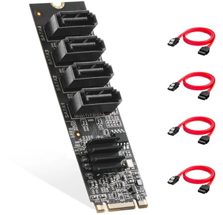 Binardat M.2 zu SATA Karte 4 Port, 6Gbps SATA 3.0 Controller, inkl. 4 SATA Kabel, für Windows 10/11