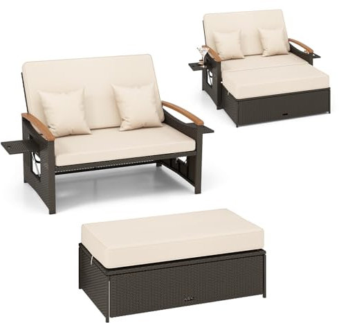 LIFEZEAL Polyrattan Tagesbett Sonnenliege, Gartenmöbel mit Ottomane & Kissen, 2-Sitzer Gartensofa mit 4-stufig Verstellbarer Rückenlehne, Doppelliege Lounge mit Seitentisch (Beige)