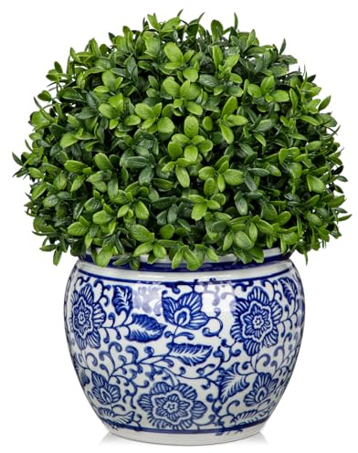 DILATATA Artificial Topiary Boxwood Ball in Blue and White Ceramic Pot, 10 Inch Artificial Boxwood in Planters Decorative Fake Greenery for Table Centerpiece Indoor Plant Home Decor - Medium