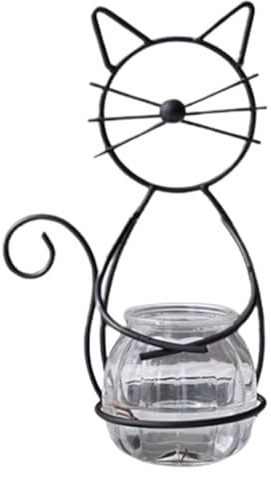 JISADER Tisch-Übertopf aus Glas, niedlicher Blumentopf mit Katzen-Metallhalter, Tisch-Übertopf aus Glas, Hydrokultur-Vase, Schwarz