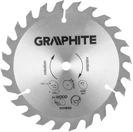 GRAPHITE Lame de scie circulaire - 150 x 10 mm - 1,6 mm - Idéale pour bois - Lame de scie Widia - Fabriquée en acier au manganèse MN65 (en carbure de tungstène, 150 mm de diamètre, alésage de lame de