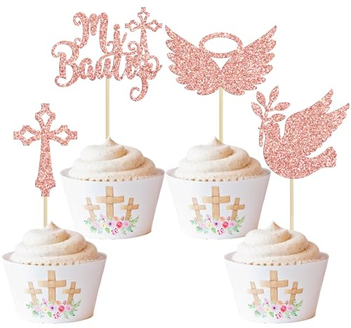 Gyufise 24Pcs Mi Bautizo God Bless Cupcake Toppers Dove Cross Cupcake Picks Christian Baptism Cake Decorations for Religious God Bless Baby Shower Kids Birthday Party Supplies Rose Gold